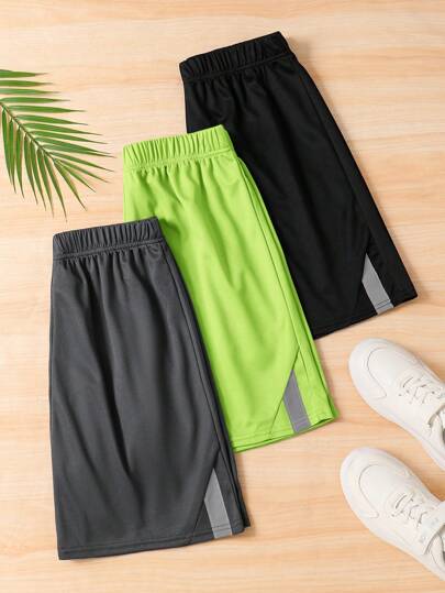 SHEIN Set de 3 pantalones cortos casuales con parches y cinta reflectante para adolescentes varones, en colores negro/gris/azul, para deportes y tiempo libre