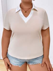 SHEIN Essnce Women's Plus Size Black & White Colorblock Loose-Fit Short Sleeve T-Shirt, Spring/Summer, Versatile & Slimming - Apricot - View 5