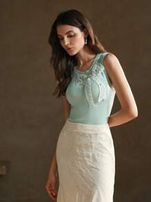 Anewsta Handmade Rhinestone Butterfly Decorated Knit T-Shirt, Women's Knit Tank Top - Blue - View 5