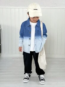 2 pezzi Camicia a colletto alto con tasca e giubbotto di denim a gradiente per giovani ragazzi, pantaloni di colore solido tessuto, adatti per scuola, shopping e occasioni casuali - Multicolore - Visualizzare 6