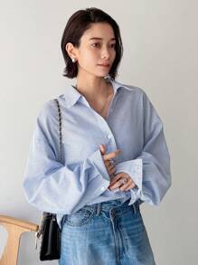 FRIFUL Striped Print Button Front Blouse Long Sleeve Top