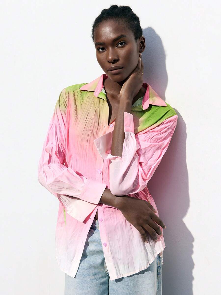 Maija 女士优雅渐变色褶皱长袖衬衫，夏季 - 黑與白 - 查看 1