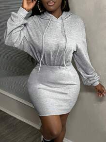Slaydiva Vestido casual gris con capucha, corte ajustado y mangas largas con pliegues