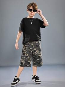 SHEIN 青少年男孩夏季時尚迷彩多口袋毛邊牛仔長褲，適合日常穿搭