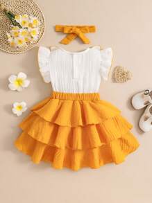2pcs Baby Girls' Cute Color Block Dress With Bowknot, Hairband And Ruffle Hem, Summer Outfits
