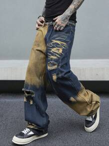 Manfinity Streetrush Pantalones vaqueros rectos rasgados para hombre sin cinturón, pantalones vaqueros anchos azul oscuro de pierna larga desgastados y holgados, para regalos de esposo o novio