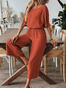 EMERY ROSE Women's Summer Solid Color Loose Fit Linen-Like Round Neck Shirt And Wide Leg Pants Casual 2pcs Outfit