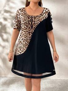 SHEIN Clasi Đầm cỡ lớn màu đen chắp vá họa tiết da báo, trang phục hàng ngày thanh lịch - Nhiều màu - Xem 5