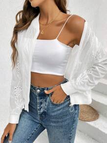 SHEIN LUNE Áo khoác dài tay màu trơn đơn giản Burnout dành cho nữ - trắng - Xem 4