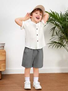 Conjunto informal y cómodo de camisa de lino y pantalones cortos para niños pequeños, verano - Gris - Ver 4