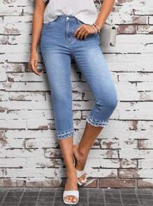 SHEIN LUNE Zipper Fly Skinny Capri Jeans - Light Wash - View 3