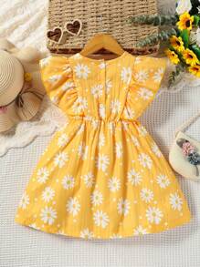 SHEIN Young Girl Floral Print Ruffle Trim Dress - Yellow - View 2