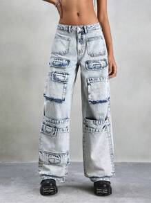 SHEIN ICON Women's Loose Fit Casual Denim Wide Leg Pants With Multiple Workwear Pockets Low Rise Straight Leg Jeans - Light Wash - View 5