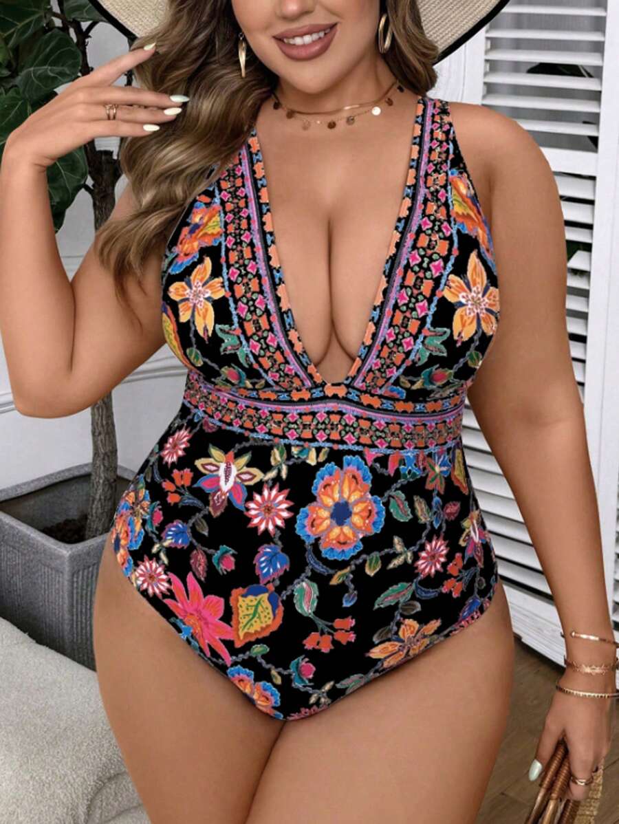 SHEIN Swim Curve Đồ bơi một mảnh in hoa cỡ lớn mùa hè - màu đen - Xem 1