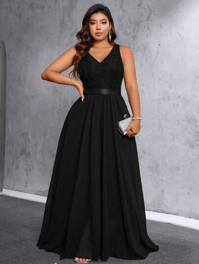 SHEIN Belle Plus Contrast Lace Sleeveless Dress Maxi Women Outfit