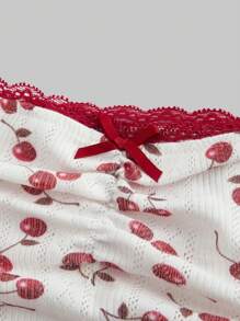 ROMWE Kawaii Casual Yet Sexy Lace & Cherry Patterned Top With Bowknot And Ruffled Elastic Hem For Ladies' Holiday Or Vacation, School