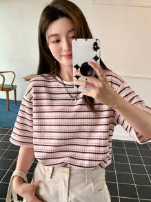 DAZY Camiseta oversize con estampado de rayas y hombros caídos - Rosa - Ver 6