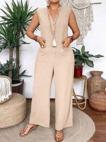 SHEIN Clasi Plus Size Boho Solid Color Sleeveless Jumpsuit With Notch V-Neck And Pocket, For Summer - Apricot - View 3
