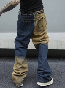 Manfinity Streetrush Pantalones vaqueros rectos rasgados para hombre sin cinturón, pantalones vaqueros anchos azul oscuro de pierna larga desgastados y holgados, para regalos de esposo o novio