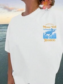 SHEIN EZwear Summer Ocean Elements Turtle Slogan Loose Printed Women's T-Shirt - White - View 3