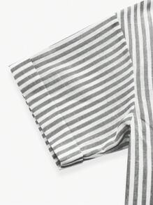 Elamini Áo sơ mi ngắn tay dáng rộng thời trang sọc crop có cổ tay cuộn cho nữ - màu đen - Xem 4