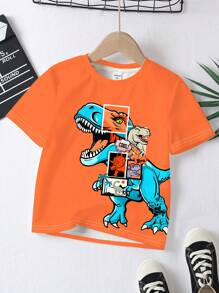 SHEIN Leap Crew Áo thun dáng rộng cổ tròn tay ngắn in họa tiết khủng long thường ngày cho bé trai, thích hợp cho mùa hè - trái cam - Xem 2