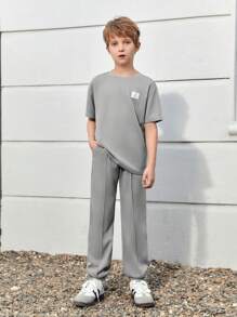 SHEIN Tween Boy Letter Patched Detail Tee & Joggers - Grey - View 2