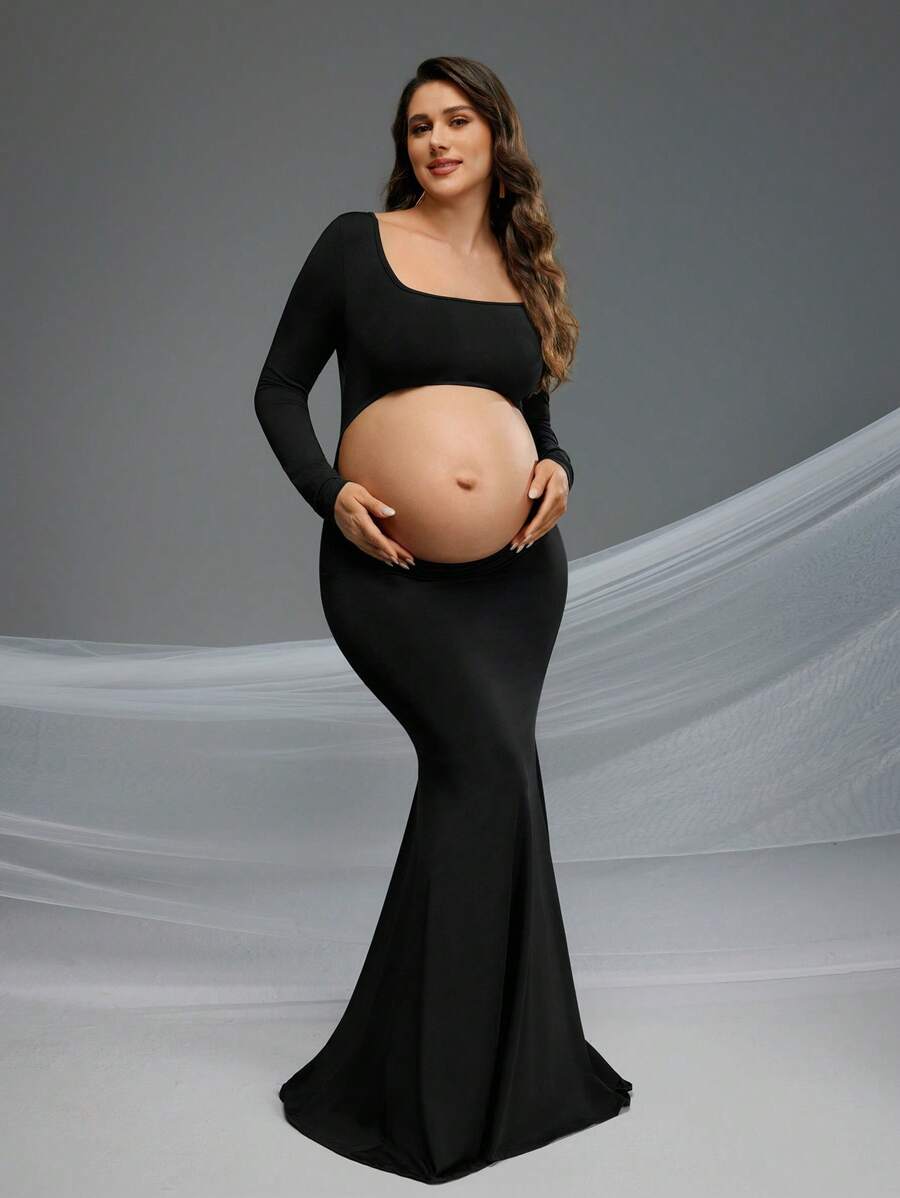 Cheriluna Maternity Pregnant Women Solid Color Hollow Fishtail Photo Dress For Maternity Photoshoot, Halloween