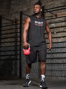 Manfinity Fitness Men Plus Size Slogan Print Drawstring Hooded Sports Tank Top