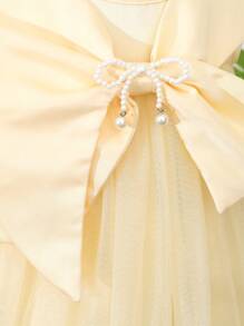 Baby Girls' Pale Yellow Summer Tropical Flower Girl Satin Round Neck Asymmetrical Dress With Big Bow,Beaded Accessories,Mesh Overlay Wedding Party - Apricot - View 3