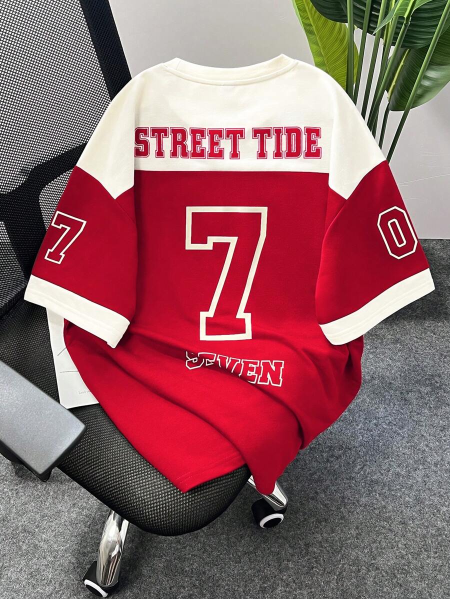 Manfinity Campus Court 男士夏季字母印花圓領短袖休閒T恤 - 紅色 - 查看 1