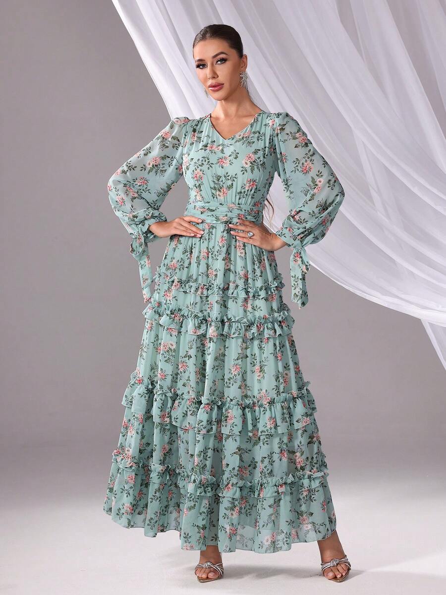 Women's Vacation Style Floral Print Twist Lantern Sleeve Layered Hem Dress, Spring/Autumn - Green - View 1