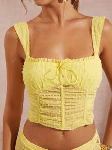 L'Amorae Women's Solid Color Ruffle Summer Casual Tank Top With Wide Straps - Yellow - View 3