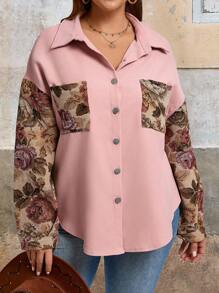 SHEIN VCAY Plus Size Pink Floral Print Pocketed Long Sleeve Shirt For Vacation And Leisure, Fall Women's Clothing, Teacher Shirts - Multicolor - View 7