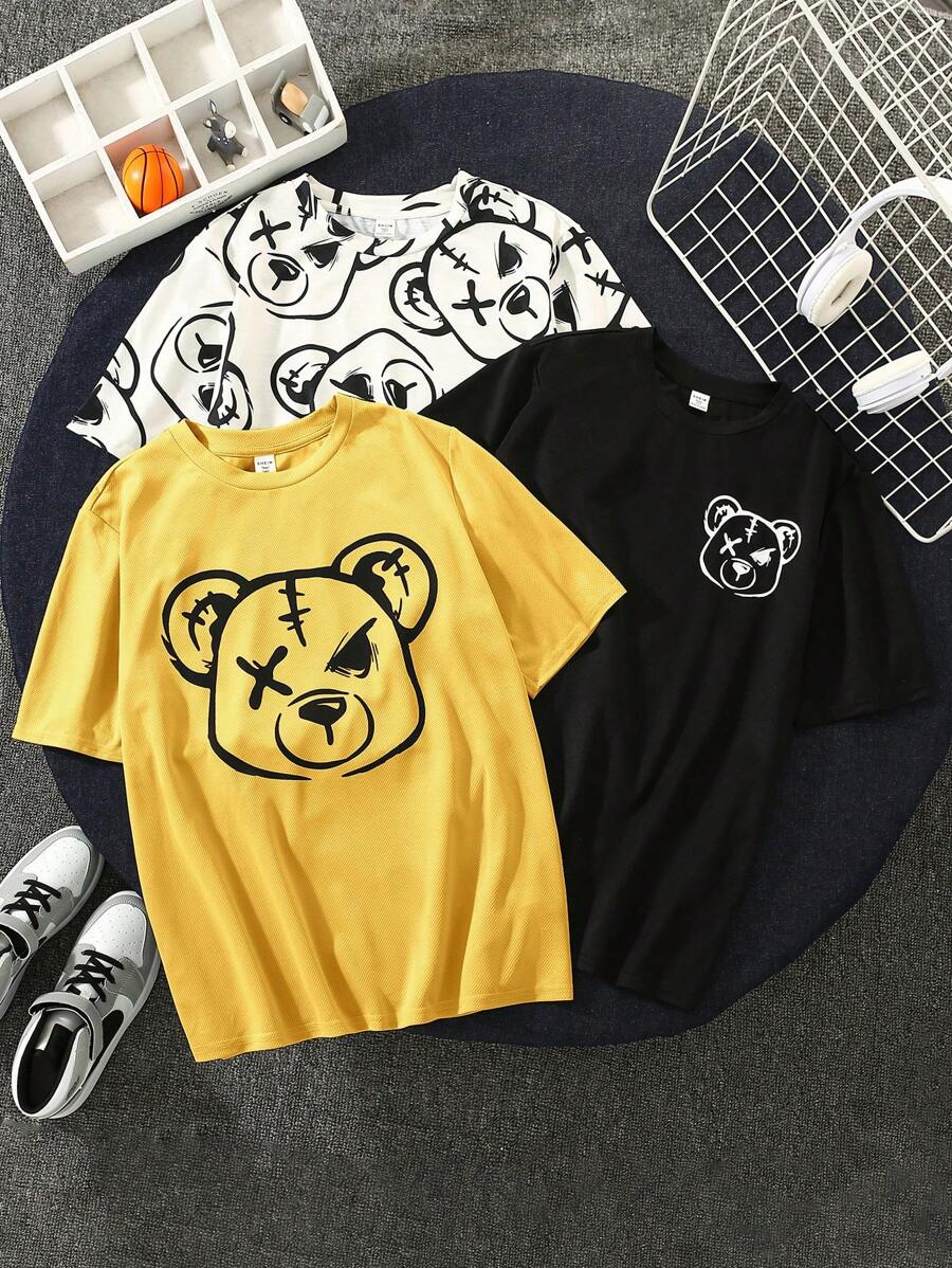 SHEIN Bộ 3 áo thun ngắn tay in hình gấu dành cho thiếu niên nam. - Màu vàng - Xem 1