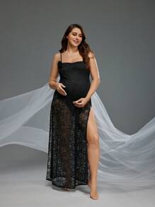 SHEIN Bodysuit Cami Berenda Motif Bunga untuk Pemotretan Ibu Hamil - Hitam - View 6