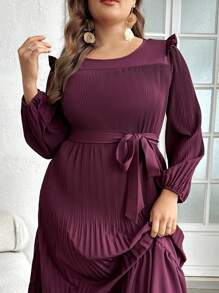 Al Najma Plus Lantern Sleeve Ruffle Hem Belted Pleated Dress - Red Violet - View 5