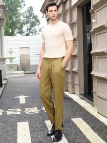 Manfinity VCAY Pantalones de traje de vestir tejidos para hombre con cintura media, corte recto largo y unicolor, adecuados para uso diario en primavera y verano.