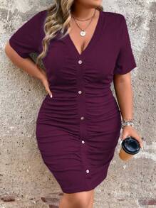 Celure Plus Size Women's Solid Color Simple Daily Short Sleeve Dress - Violet Purple - View 1