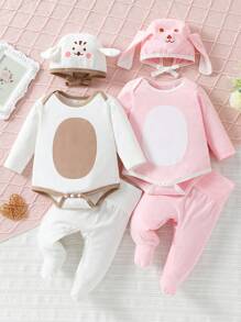 SHEIN 嬰幼女2入組卡通圖形對比邊條睡衣套裝附帽 - 彩色 - 查看 1