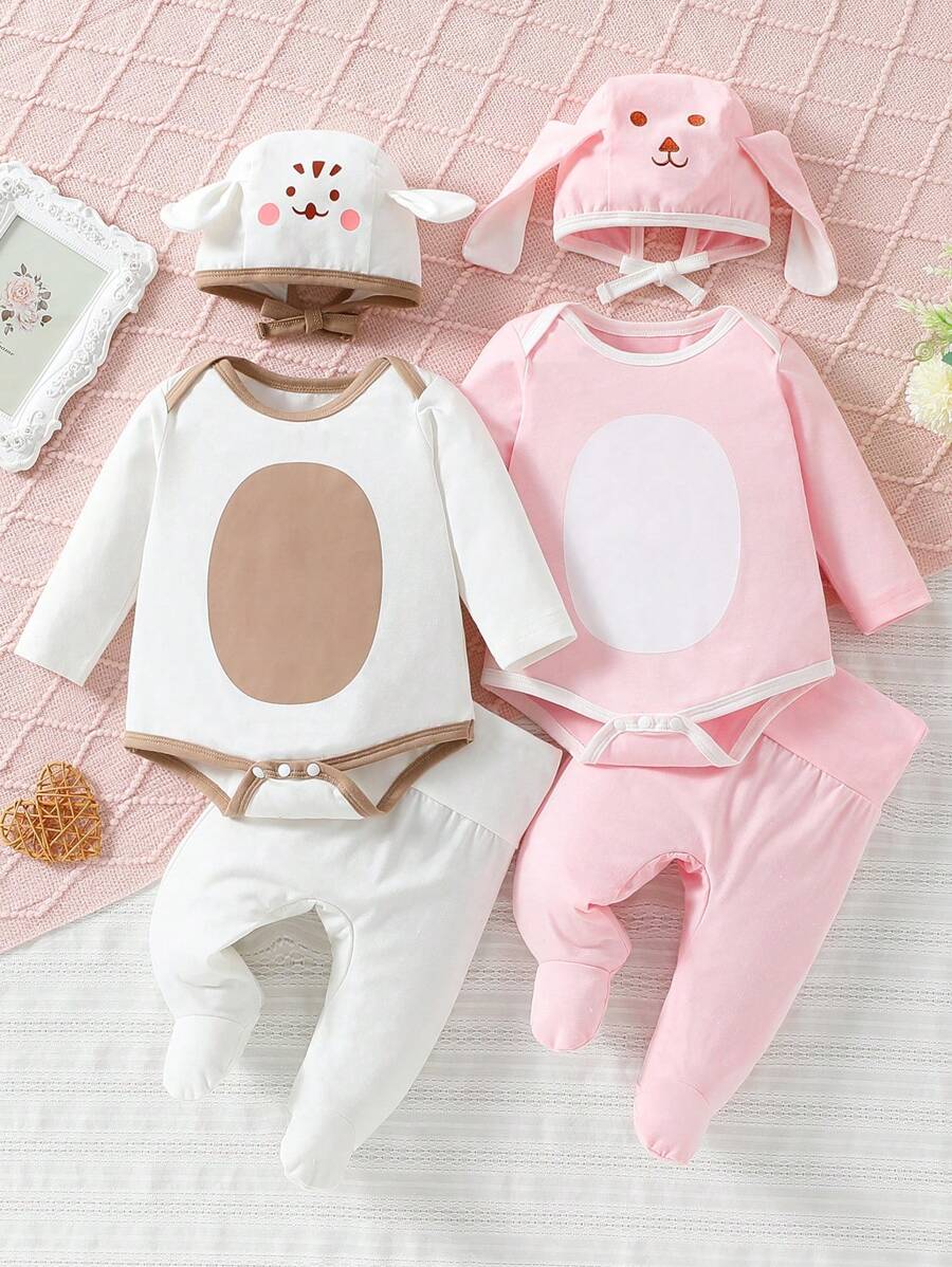 SHEIN 嬰幼女2入組卡通圖形對比邊條睡衣套裝附帽 - 彩色 - 查看 1