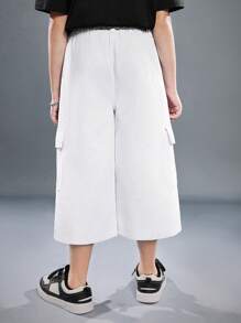 SHEIN 十多歲男孩時尚休閒貨物口袋寬腿白色牛仔短褲 - 白色 - 查看 2