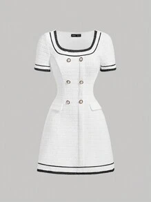 SHEIN MOD 女式复古拼色双排扣收腰连衣裙，适合夏季返校服装，复古风格 - 白色 - 查看 1