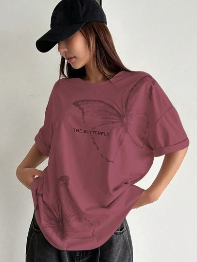 DAZY 蝴蝶与口号图案落肩 T 恤 THE BUTTERFLY 超大 T 恤