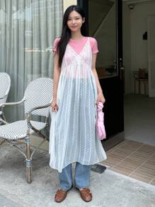 DAZY Robe de soleil transparente à bretelle, robe décontractée de femme avec bord en dentelle unie et à pois