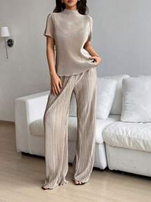 Almamuse Conjunto para mujer de manga corta y cuello alto de unicolor con pantalones - Caqui - Ver 4