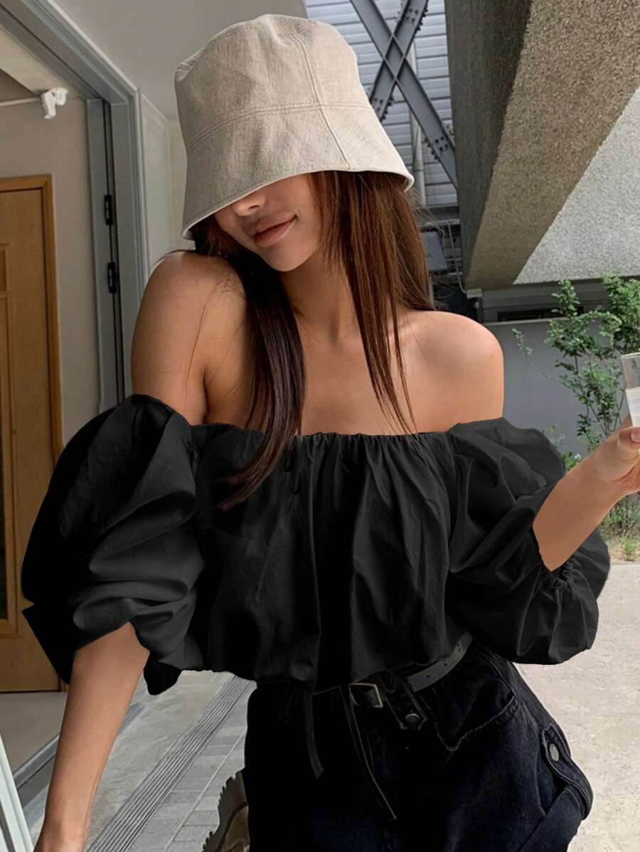 DAZY Áo trễ vai nữ tay phồng trễ vai - màu đen - Xem 1