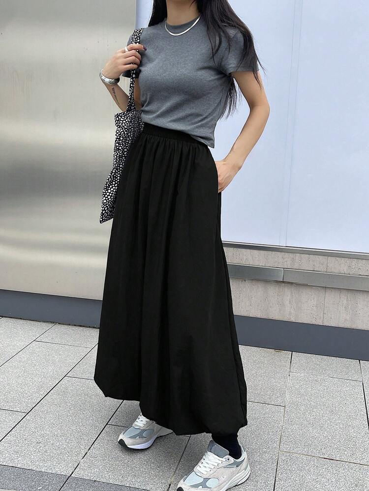 Women Solid Color Elastic Waist Skirt