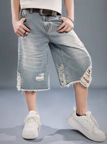 SHEIN Tween Boys'Casual Distressed Ripped Frayed Loose Straight Legs Light Blue Denim Jeans Long Short,For Spring/Summer - Light Wash - View 6
