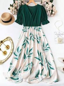 SHEIN Clasi Summer Top Solid Color With Green Leaf Printed Loose Fit Dress With Wide Hem For Plus Size